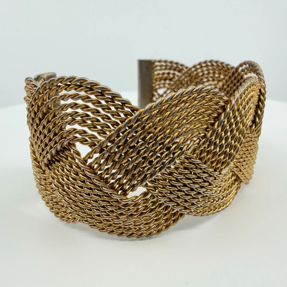 Vintage Gold Tone Braided Mesh Cuff‎ Bracelet Woven Knot Chunky Statement Boho